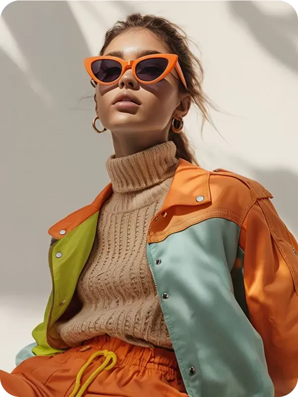 Young woman in colorful fashion outfit against white background