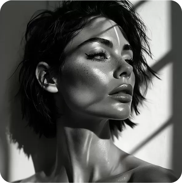 Dramatic black and white portrait of a contemplative woman