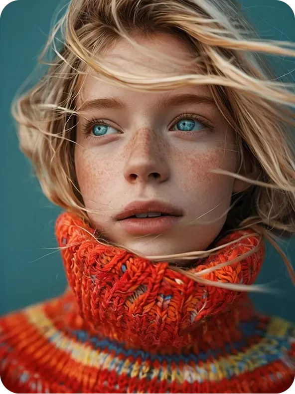 Young person with fair skin and blue eyes in turtleneck