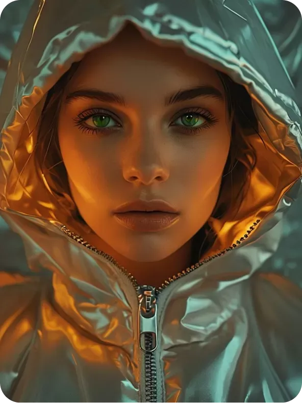 Young woman in reflective hooded jacket with contemplative gaze