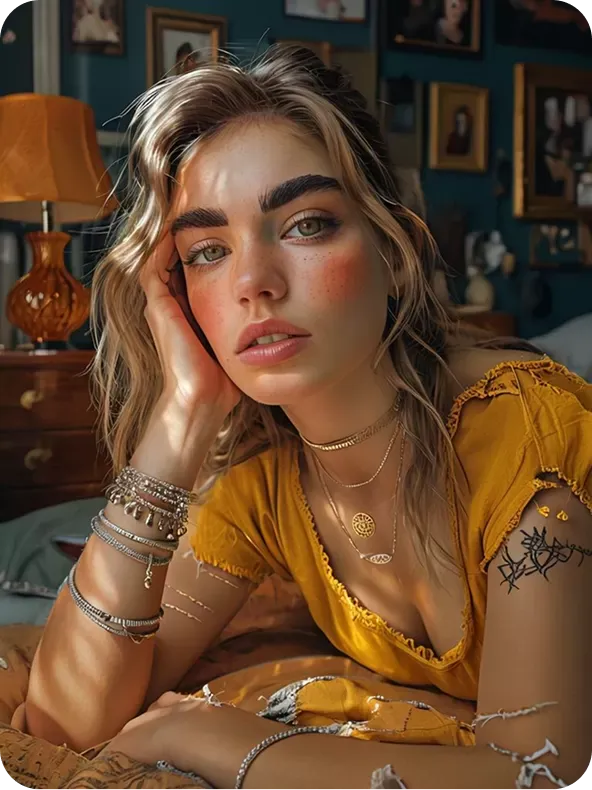 Young woman lying on bed with contemplative expression