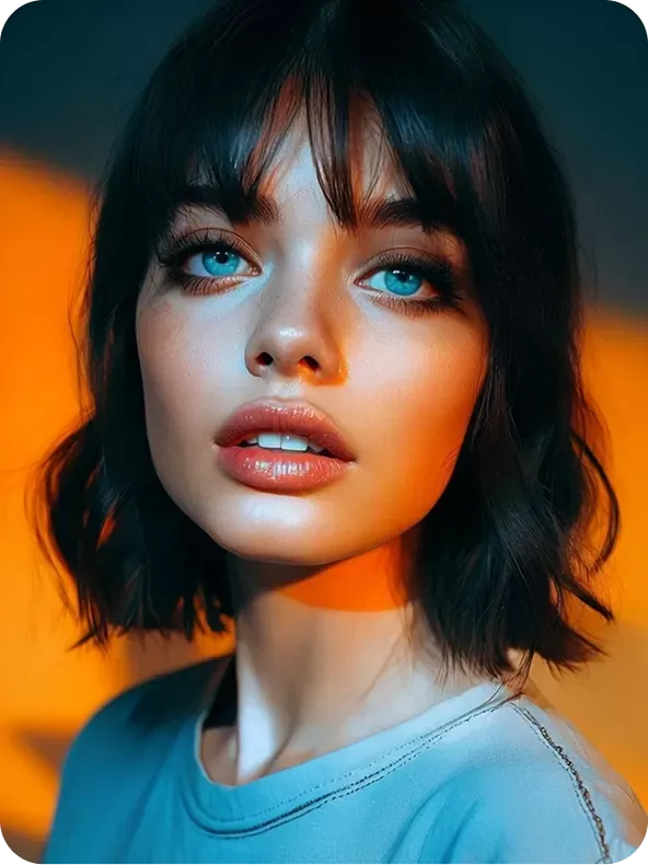 Young woman with waves and bangs in dramatic lighting